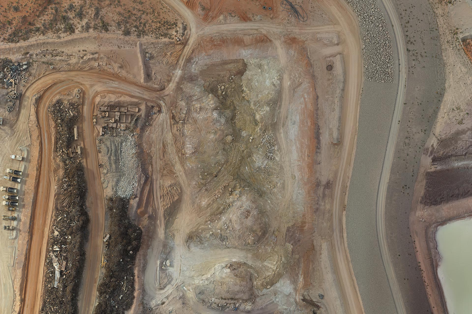 Aerial photography from April showing earthworks progress and large scale of rock breaking activities.